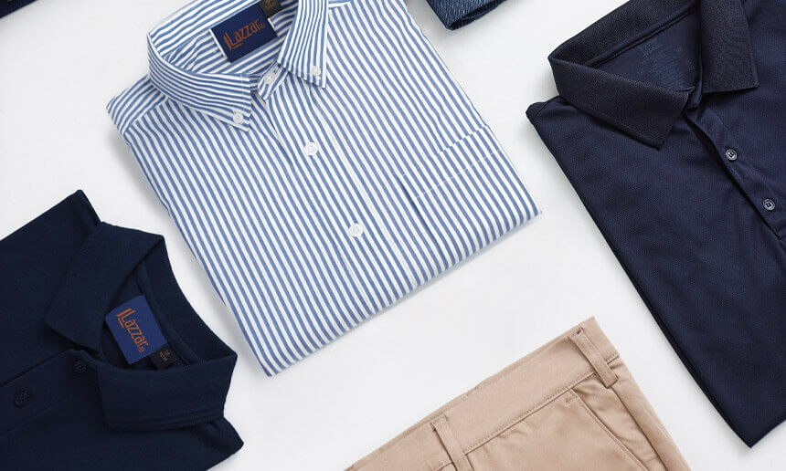 Camisas y playeras tipo polo dobladas con etiqueta de la marca Lazzar