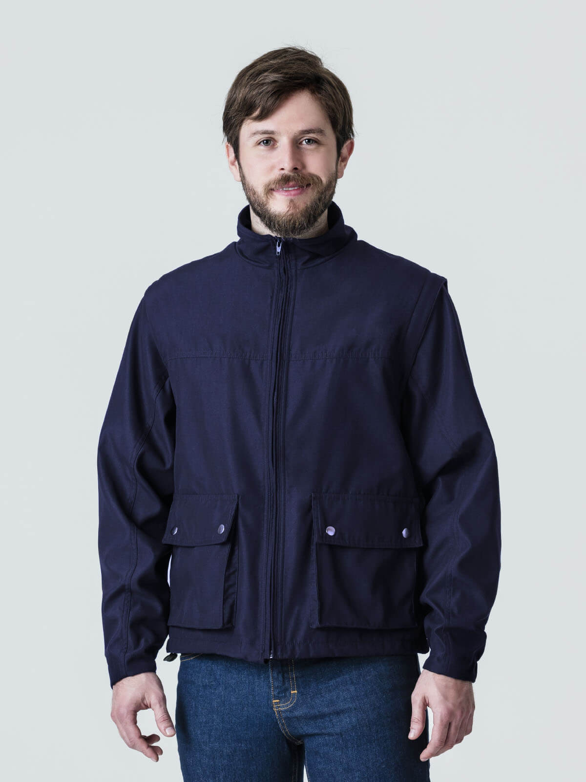 jacket with removable sleeves in navy