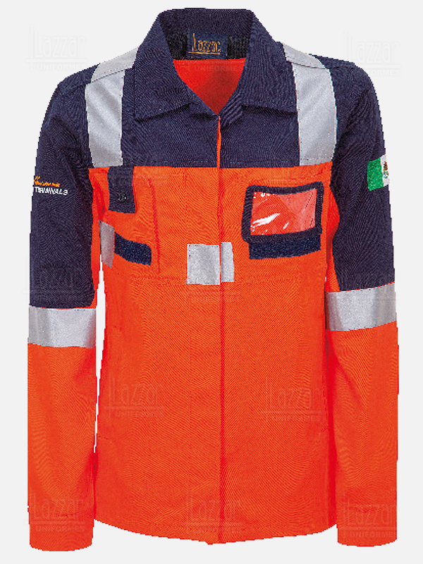 shirt with orange reflective tapes with blue reflective tapes